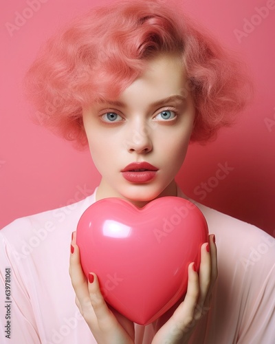 Young beautiful pink-haired girl with a pink inflatable balloon. Gift for valentine's day.