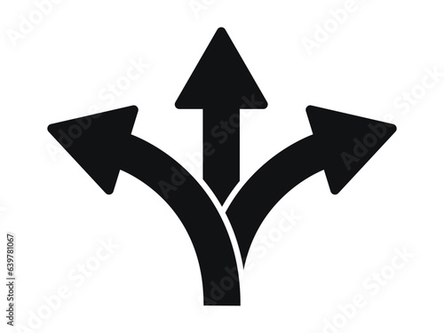 Three Way Direction Arrow Icons, Triple Directional Road Icon Sign, Traffic Sign, Three Way Decision Opportunity Option Arrow Symbol 3 Path Pointing Choice, Y Intersection Sign Vector Illustration