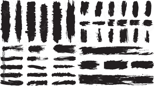 Paint brushstroke ink lines for text. Black paint splattered in dirty style brushstroke grunge splash. Isolated black ink stencils for design. Ink brush strokes, hand drawn black sticker.  Vector