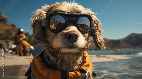 a dog in lifeguard clothing