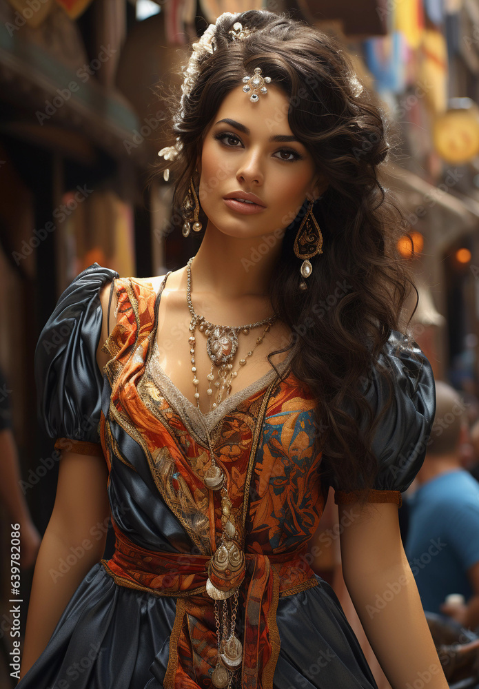 Beautiful girl in a carnival dress on a city street. Beautiful girl in a carnival dress on a city street.