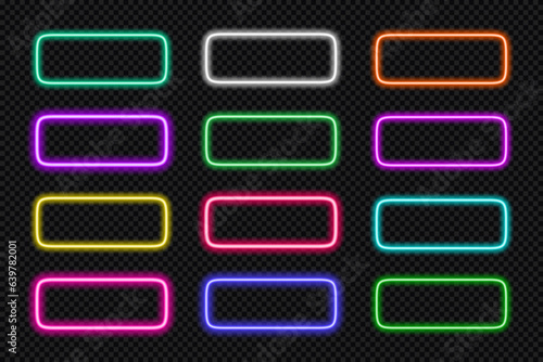 Neon frame rounded rectangle set. Glowing coloful rectangular border. Geometric shape action button UI elements with copy space. Purple, blue, pink, yellow, green, red text boxes. Vector illustration.