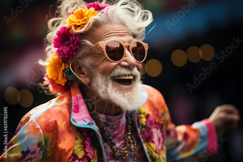 Youthful and stylish senior grey haired man with extravagant clothes and sunglasses. Carefree positive pensioner wear trendy colourful pride outfit. Youthful senior lifestyle concept. Generative AI © Valeriia