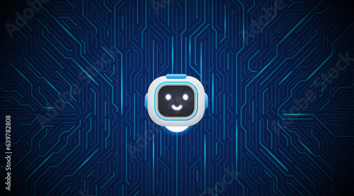 Chat bot with artificial intelligence on a circuit board, a digital chip with a robot head.