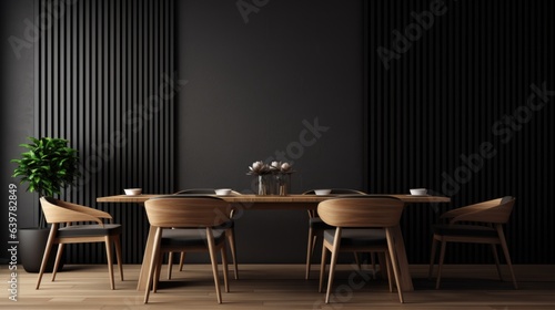 Interior of modern dining room, dining table and wooden chairs against black wall