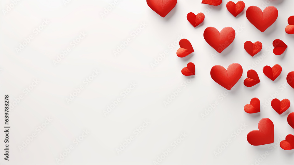 White background with red hearts and copy space. Wedding invitation, Valentines Day party. White background with red hearts and copy space. Wedding invitation, Valentines Day party.