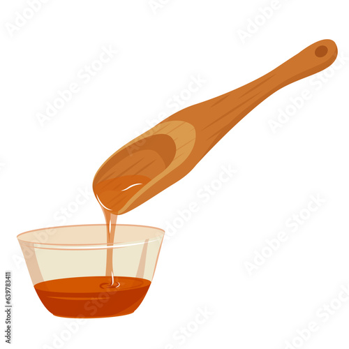 Glass Bowl Full of Honey. Honey dripping from wooden dipper. Organic sweet food. Vector cartoon flat illustration isolated on white background