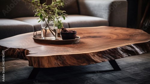 Live edge wooden coffee table close up. Interior design of modern living room