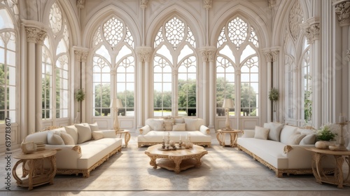 Luxury eastern interior design of modern living room with carved furniture and arched windows.