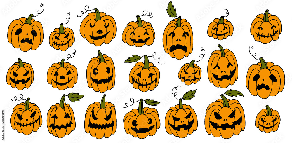 Set of hand drawn line art halloween holiday pumpkins with different shaped, creepy spooky eyes, smiles and leaves isolated on white.Web design elements for print,autumn decor. Set of hand drawn line art halloween holiday pumpkins with different shaped, creepy spooky eyes, smiles and leaves isolated on white.Web design elements for print,autumn decor.