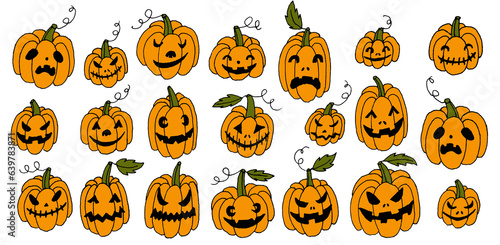 Set of hand drawn line art halloween holiday pumpkins with different shaped, creepy spooky eyes, smiles and leaves isolated on white.Web design elements for print,autumn decor.