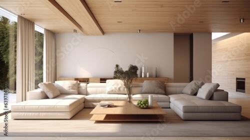 Minimalist interior design of modern living room with two sofas and wooden planks ceiling.