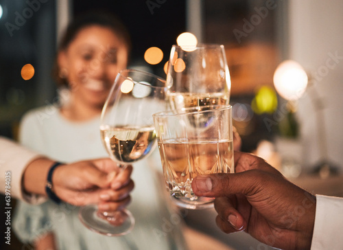Celebration, toast and people with drink in hands in congratulations, cheers and support achievement at party. Drinking, alcohol and night with friends and cheering with champagne, wine or whiskey