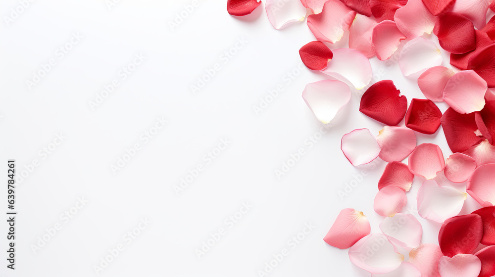 White background with red rose petals and copy space. Wedding invitation, Valentines Day party. White background with red rose petals and copy space. Wedding invitation, Valentines Day party.