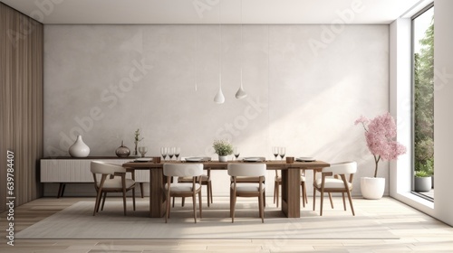 Modern interior design of apartment, dining room with table and chairs, empty living room with stucco wall, panorama 3d rendering