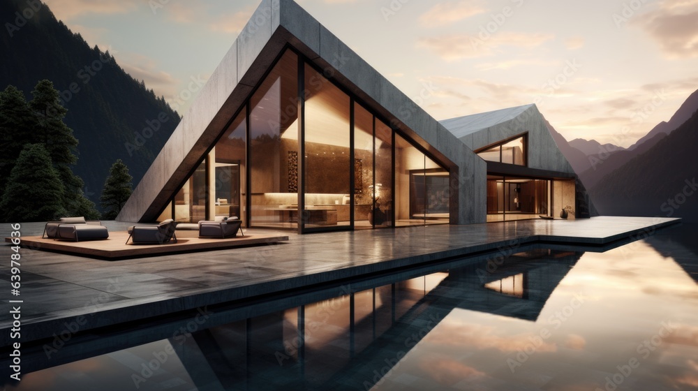 Fototapeta premium Modern minimalist concrete and glass house with pitched roof in mountains. Luxury villa with terrace and pool