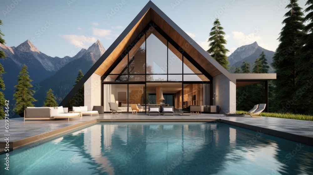 Fototapeta premium Modern minimalist concrete and glass house with pitched roof in mountains. Luxury villa with terrace and pool