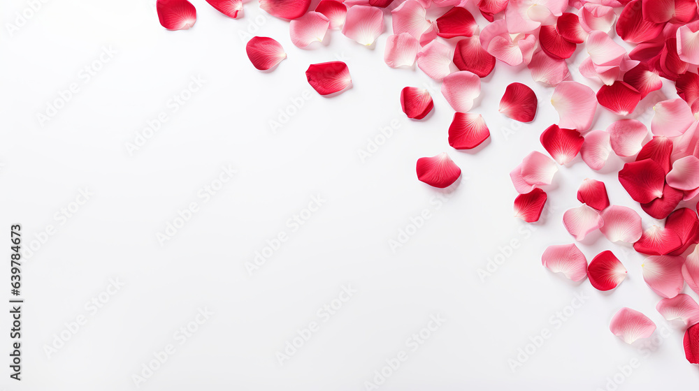 White background with red rose petals and copy space. Wedding invitation, Valentines Day party. White background with red rose petals and copy space. Wedding invitation, Valentines Day party.