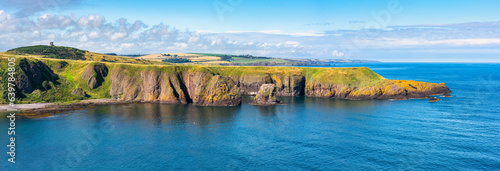 Panoramic view of the seaside cliffs on the east coast of Scotland, Stonehaven, UK