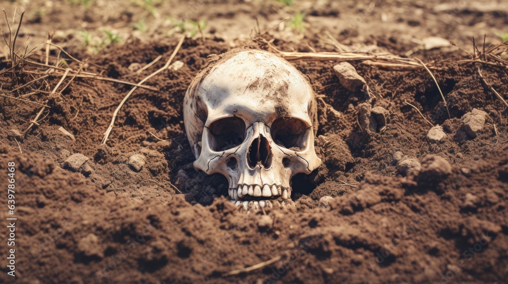 Skeleton remains buried in a rural farm field with unearthed human skull and bones covered in dirt, terrifying discovery, scary halloween horror - generative AI Skeleton remains buried in a rural farm field with unearthed human skull and bones covered in dirt, terrifying discovery, scary halloween horror - generative AI
