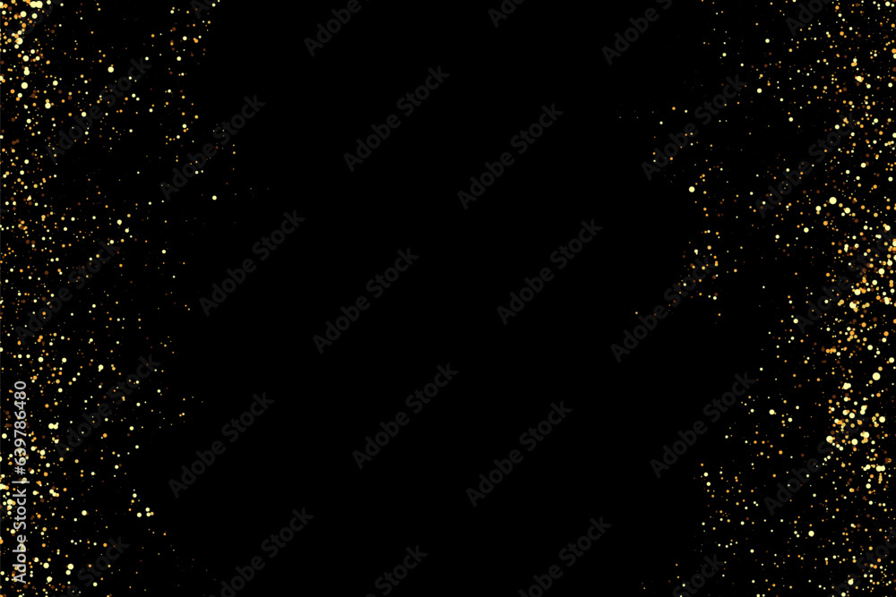 Sparkling glitter border, vector frame. Festive background with falling shiny confetti, golden dust.