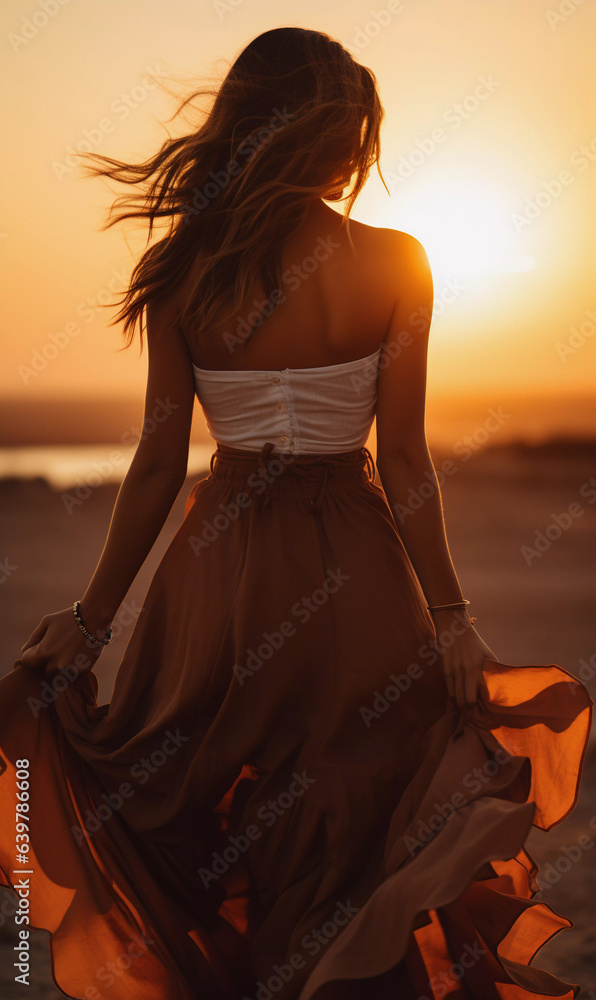 Beautiful female silhouette against the backdrop of a bright sunset. Beautiful female silhouette against the backdrop of a bright sunset.
