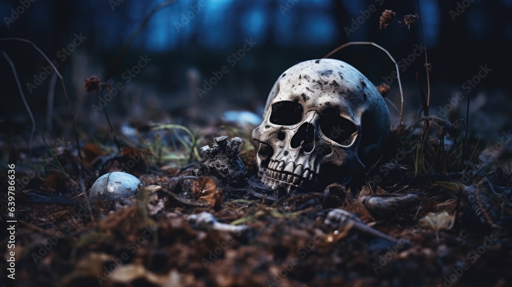 Skeleton remains in the woods with unearthed human skull and bones covered in dirt and leaves, darkness lit by moonlight, scary halloween night - generative AI Skeleton remains in the woods with unearthed human skull and bones covered in dirt and leaves, darkness lit by moonlight, scary halloween night - generative AI