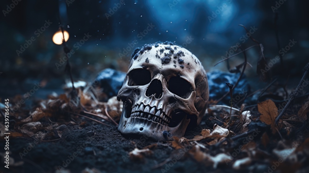 Skeleton remains in the woods with unearthed human skull and bones covered in dirt and leaves, darkness lit by moonlight, scary halloween night - generative AI
