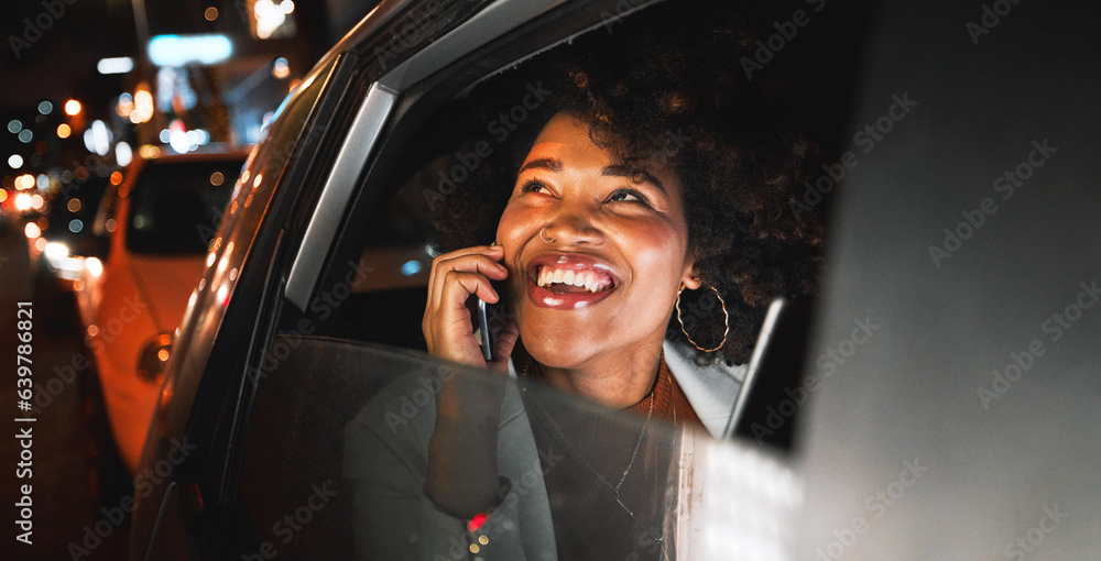 Naklejka premium Travel, transportation and night, black woman and phone call, city view and communication with drive and smile on face. Car, adventure and happiness, technology with conversation on mobile and urban