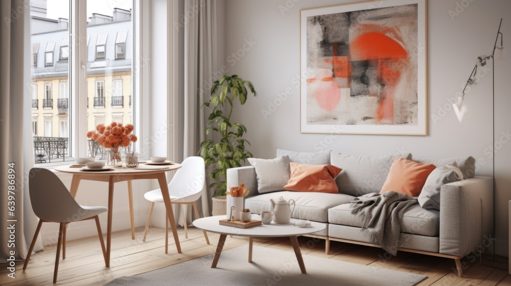  Studio apartment with dining table and chairs. Scandinavian interior design of modern living room.