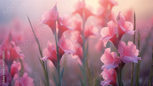 Tablou canvas pink flowers nature background gladioli, delicate pastel colors, landscape field