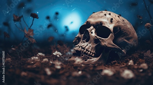 Skeleton remains in the woods with unearthed human skull and bones covered in dirt and leaves, darkness lit by moonlight, scary halloween night - generative AI