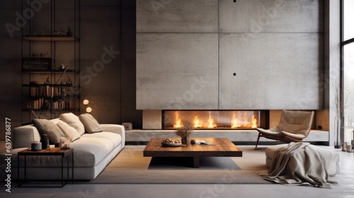 Spacious room with concrete walls and ceiling. Minimalist loft interior design of modern living room with fireplace