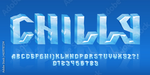 Chilly alphabet font. 3D cartoon ice letters and numbers. Stock vector typeface for your typography design.