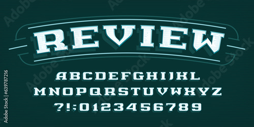 Review alphabet font. Retro letters and numbers for label, badge or emblem design. Stock vector typeface for your typography design.