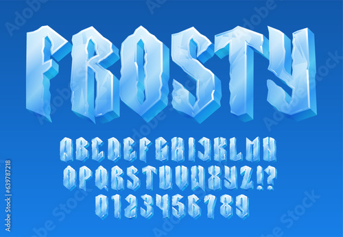 Frosty alphabet font. 3D cartoon ice letters and numbers. Stock vector typeface for your typography design.