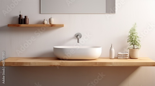 Wall-mounted vanity with white ceramic vessel sink. Interior design of modern scandinavian bathroom