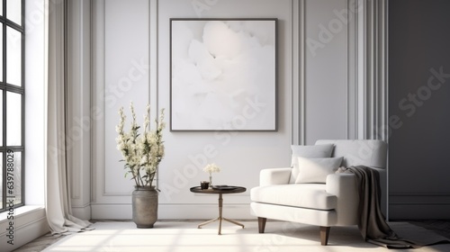 White armchair and poster on the wall. Interior design of modern neoclassical living room