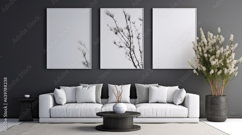 White sofa and posters, frames on gray wall. Interior design of modern living room White sofa and posters, frames on gray wall. Interior design of modern living room