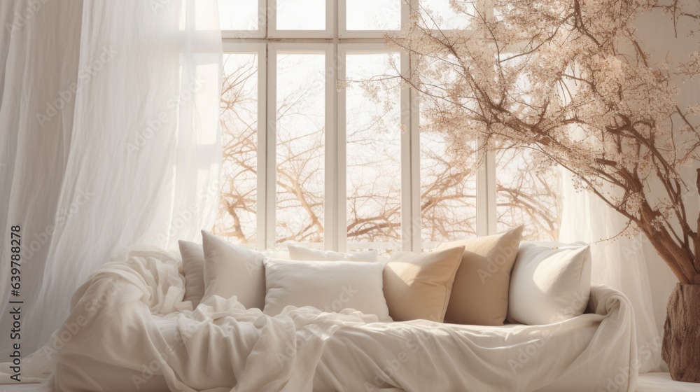 White sofa covered with wrinkled fabric against of window. Boho interior design of modern living room. White sofa covered with wrinkled fabric against of window. Boho interior design of modern living room.