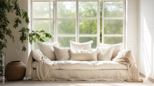 White sofa covered with wrinkled fabric against of window. Boho interior design of modern living room