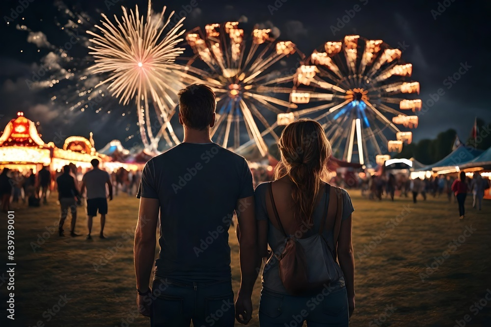 silhouette of a couple at a county fair at night watching fireworks
