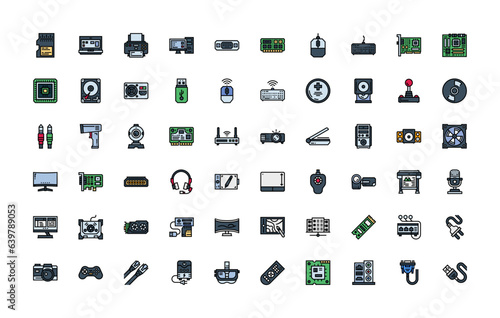 computer component, hardware, electronic vector icon set design color outline style. perfect use for logo, presentation, website, and more. simple modern icon set design filled line style