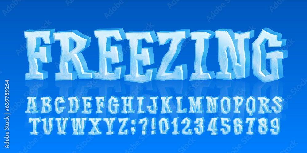 Freezing alphabet font. 3D cartoon ice letters and numbers. Stock vector typeface for your typography design.