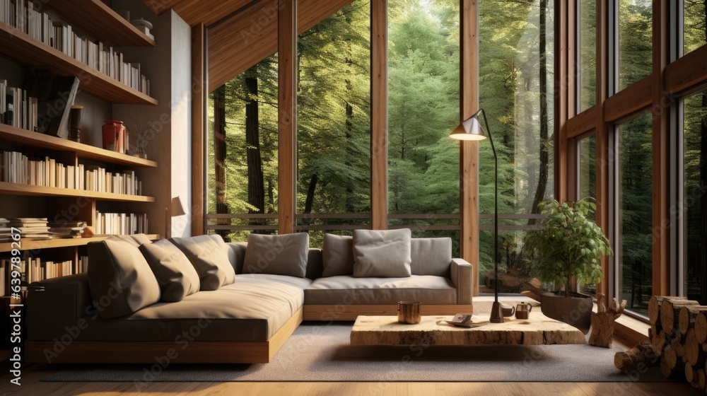 Wooden house in forest, Interior design of modern living room with wooden lining Wooden house in forest, Interior design of modern living room with wooden lining