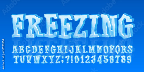 Freezing alphabet font. 3D cartoon ice letters and numbers. Stock vector typeface for your typography design.