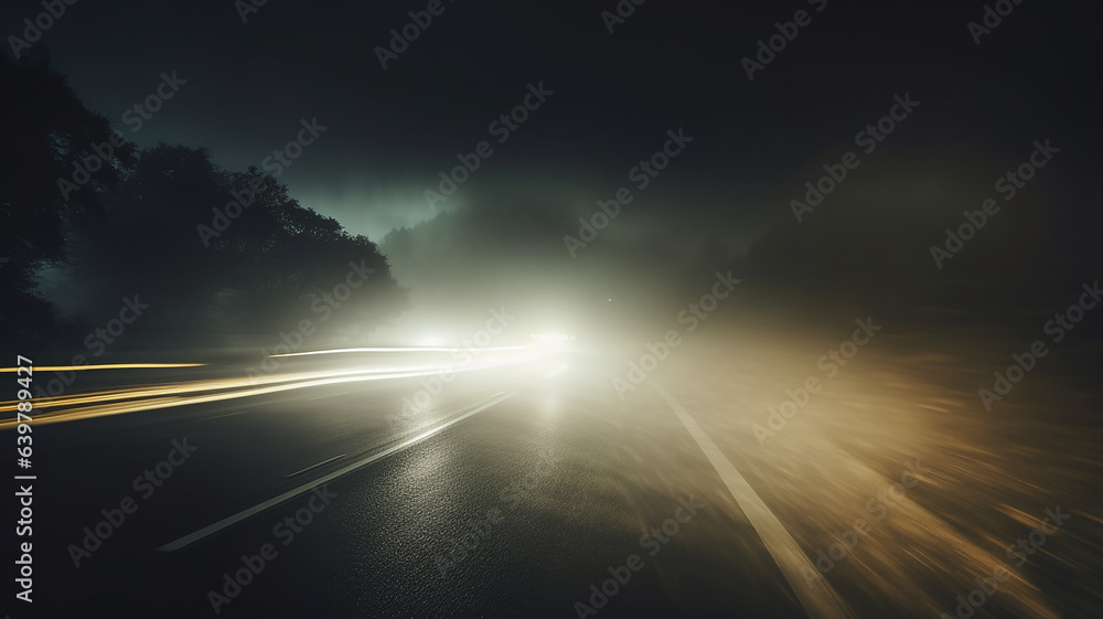 autumn fog on a wet night road in the headlights of a car, autumn dangerous driving weather, fog in the light of a car - obrazy, fototapety, plakaty 