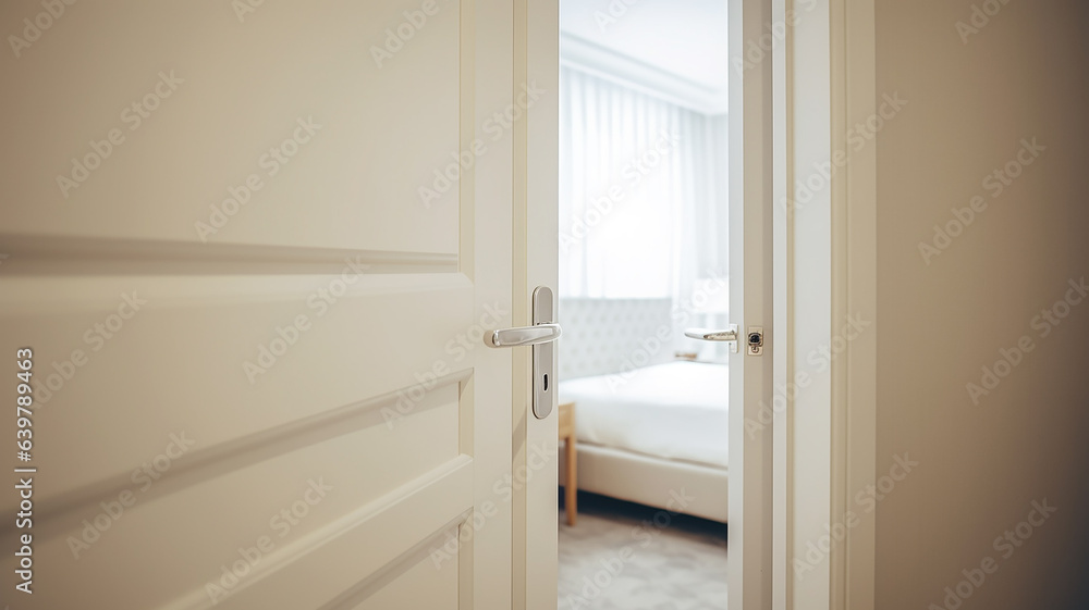 the slightly open white door to the hotel room the slightly open white door to the hotel room