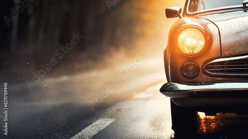car luminous fog lamp close-up, autumn wet road in the weather rain and fog, leaf fall in yellow tones, the road in the headlights
