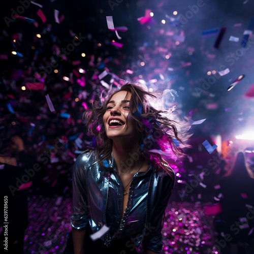 Young active fashion style woman is enjoying a big evening concert event or a party with confetti. Happiness, emotional.